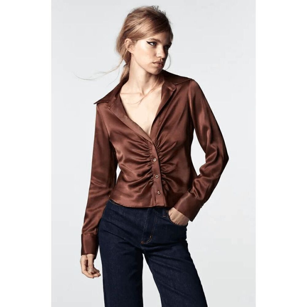 Zara Women's Ruched Button Down Blouse in Brown Satin size Medium